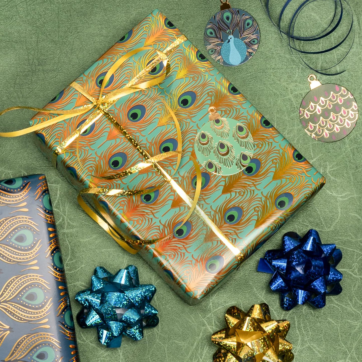 WRAPAHOLIC Peacock Christmas Wrapping Paper Set - Green Peacock Elements Patterns with Metallic Foil Shine Wrapping Paper Bundle with Gift Bow & Ribbon & Tag & Sticker