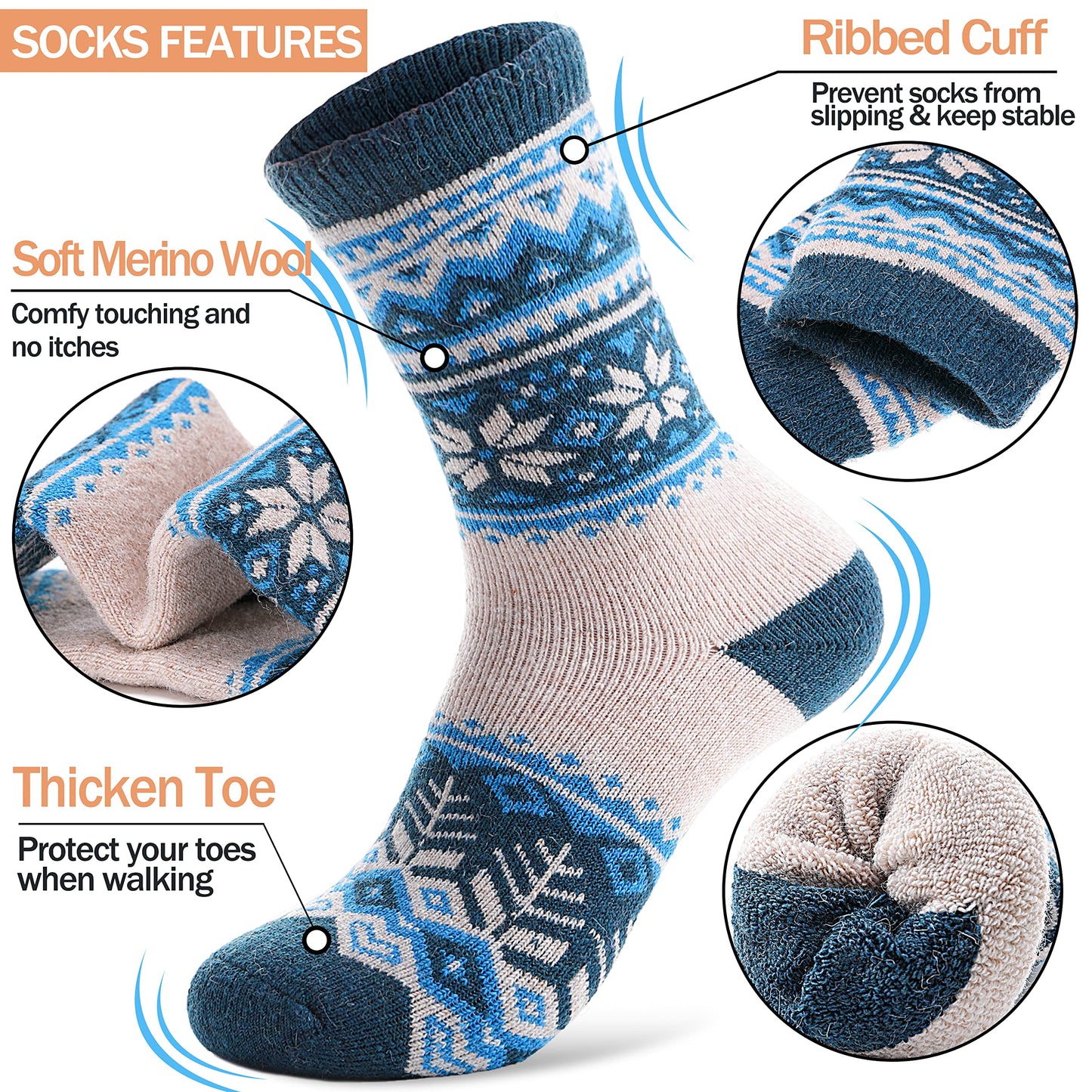 ANTSANG Merino Wool Socks for Women Hiking Warm Thick Thermal Winter Boot Comfy Crew Cozy Cabin Heavy Work Snow Soft Ladies Socks 5 Pairs Christmas Stocking Stuffer White Elephant Gifts (Snowflake A)