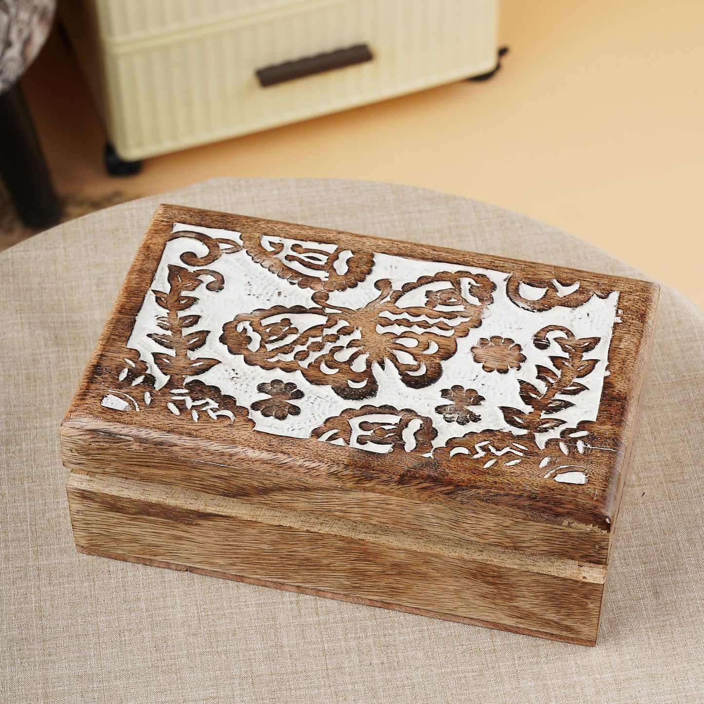 Ajuny Hand Crafted Wooden Decorative Jewelry Box - Butterfly Design Carved Multipurpose Handmade Treasure Chest Trinket Holder Keepsake Storage Organiser Best Gift 8x5 Inch