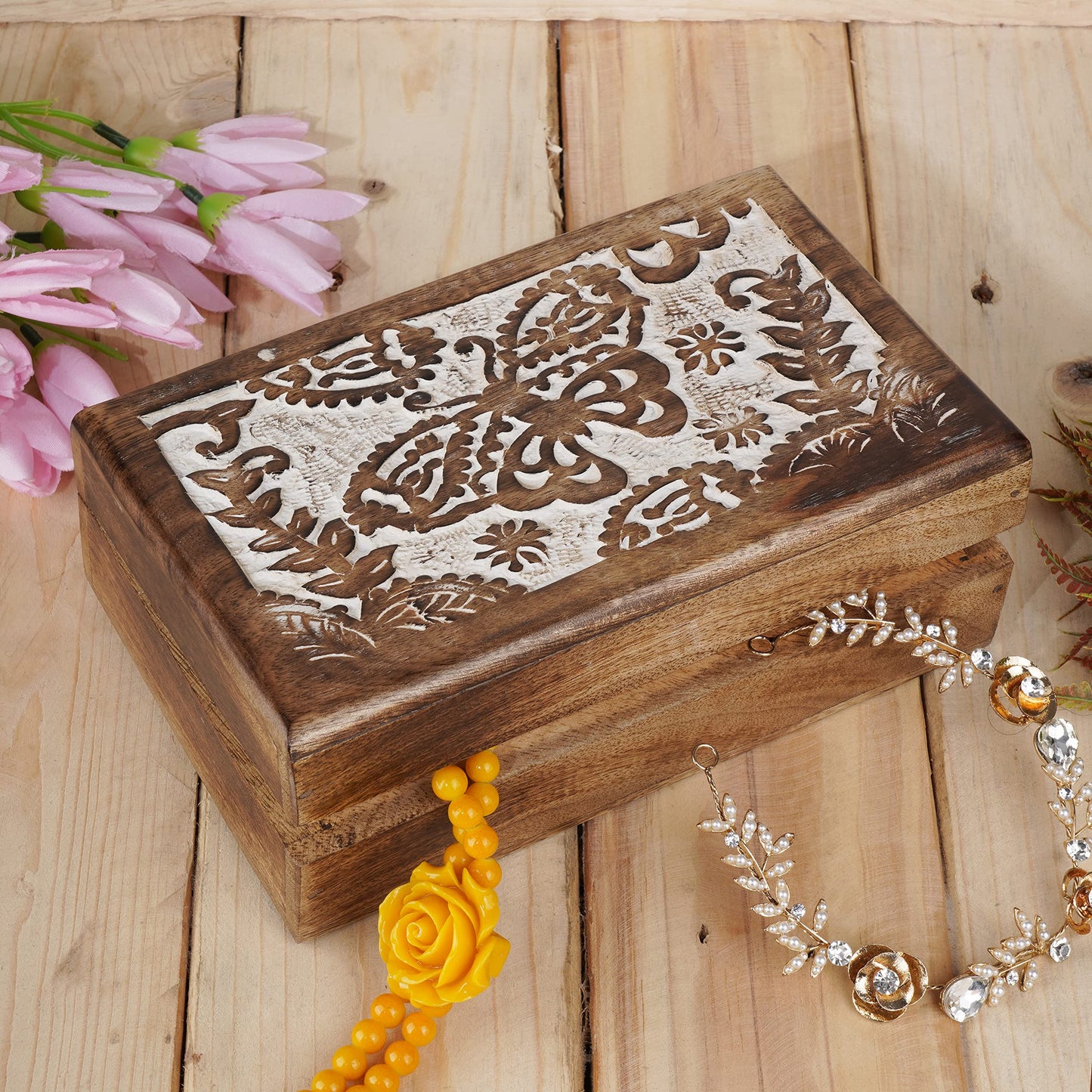 Ajuny Hand Crafted Wooden Decorative Jewelry Box - Butterfly Design Carved Multipurpose Handmade Treasure Chest Trinket Holder Keepsake Storage Organiser Best Gift 8x5 Inch