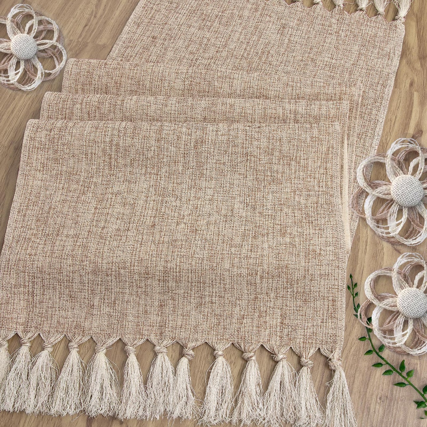 yuboo Boho Table Runner 108 inches Long, Rustic Farmhouse Dresser Runners for Bedroom, Dining Table, Summer Table Decor, Bridal Shower, Burlap Linen Table Runner (15x108 Tassels Included)